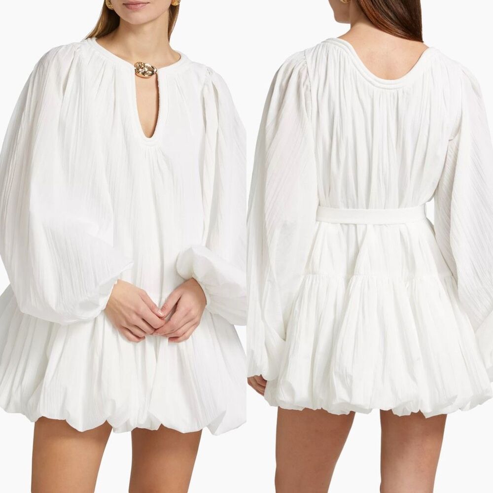 NWT Acler Crinkle Long Sleeve Balloon Tiered Radmoor Mini Dress Ivory US 2 $450